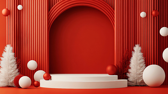 JPG 편집이미지 크리스마스 겨울 공 사람없음 장식 빨간색 크리스마스트리 원형 디지털합성 포디움 오너먼트 편집실사 AI포토 AI콘텐츠 도형 계절 기념일 컬러 크리스마스장식 무대 CG 파일형식
