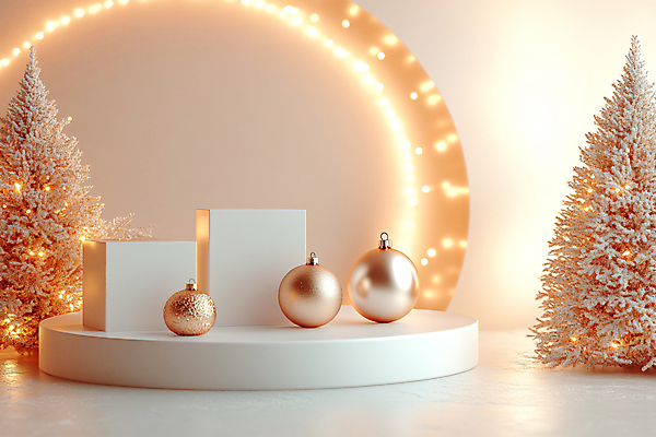 도형 계절 기념일 컬러 크리스마스장식 크리스마스 모션 무대 CG 파일형식 AI콘텐츠 반짝임 육면체 오너먼트 사람없음 디지털합성 겨울 장식 JPG 편집이미지 편집실사 원형 포디움 크리스마스트리 베이지색 AI포토