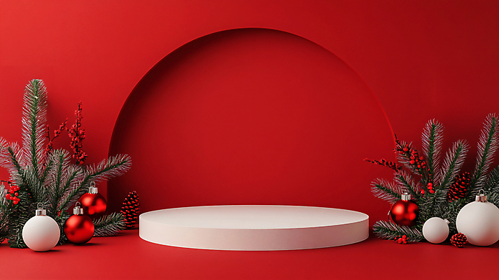 JPG 편집이미지 크리스마스 겨울 사람없음 장식 빨간색 크리스마스트리 원형 풀잎 디지털합성 솔방울 포디움 오너먼트 편집실사 AI포토 AI콘텐츠 도형 계절 기념일 컬러 잎 크리스마스장식 무대 풀_식물 CG 파일형식