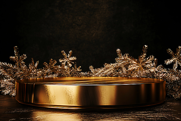 JPG 편집이미지 크리스마스 겨울 사람없음 장식 크리스마스트리 금색 원형 풀잎 황금 디지털합성 포디움 편집실사 AI포토 AI콘텐츠 도형 계절 기념일 컬러 잎 무대 풀_식물 CG 파일형식