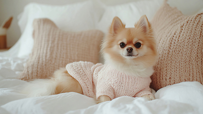 JPG 편집이미지 패션 반려견 겨울 베개 사람없음 이불 침대 강아지 천 스웨터 디지털합성 니트 베이지색 편집실사 AI포토 AI콘텐츠 계절 컬러 가구 상의 침구 반려동물 직물 개 CG 파일형식