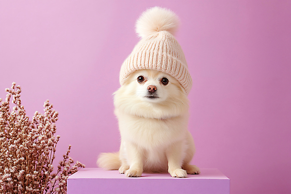JPG 편집이미지 패션 꽃 반려견 겨울 털모자 사람없음 보라색 강아지 디지털합성 포디움 편집실사 AI포토 AI콘텐츠 식물 모자_잡화 계절 컬러 반려동물 무대 개 CG 파일형식