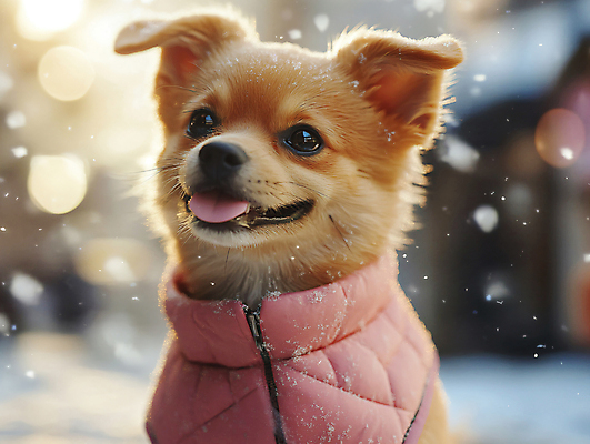 JPG 편집이미지 패션 반려견 겨울 사람없음 갈색 눈 강아지 디지털합성 보케 패딩 편집실사 AI포토 AI콘텐츠 자연요소 계절 컬러 날씨 반려동물 점퍼 개 CG 파일형식