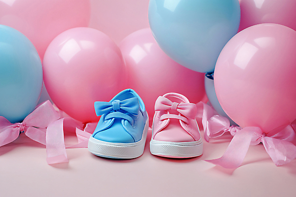 JPG 편집이미지 부부 리본 분홍색 사람없음 파란색 파티 임신 자녀 축하 디지털합성 아기신발 풍선 성별 젠더 편집실사 AI포토 AI콘텐츠 커플 컬러 신발 컨셉 이벤트 아기용품 CG 파일형식