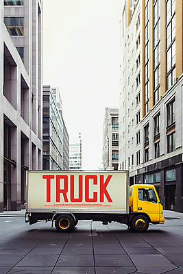 PSD 편집이미지 도로 창문 빌딩 사람없음 건물 노란색 트럭 배송 이미지편집 편집실사 건축물 길 컬러 교통시설 자동차 CG 파일형식