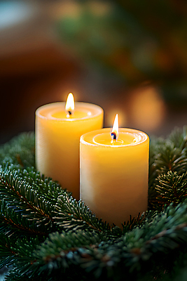 JPG 편집이미지 초 촛불 사람없음 초록색 분위기 솔잎 편집실사 AI포토 AI콘텐츠 컬러 컨셉 잎 CG 파일형식