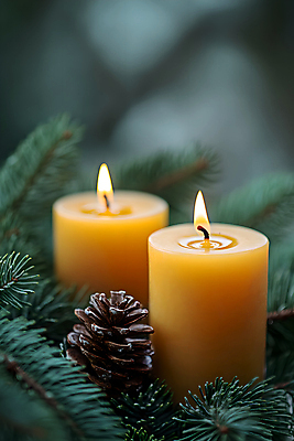 JPG 편집이미지 초 촛불 사람없음 초록색 분위기 솔방울 솔잎 편집실사 AI포토 AI콘텐츠 컬러 컨셉 잎 CG 파일형식