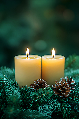 JPG 편집이미지 초 촛불 사람없음 초록색 분위기 솔방울 솔잎 편집실사 AI포토 AI콘텐츠 컬러 컨셉 잎 CG 파일형식