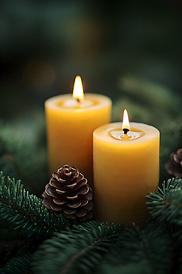 JPG 편집이미지 초 촛불 사람없음 초록색 분위기 솔방울 솔잎 편집실사 AI포토 AI콘텐츠 컬러 컨셉 잎 CG 파일형식