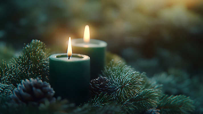 JPG 편집이미지 초 촛불 사람없음 초록색 분위기 솔방울 솔잎 편집실사 AI포토 AI콘텐츠 컬러 컨셉 잎 CG 파일형식