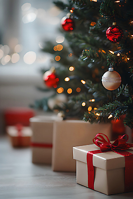 JPG 편집이미지 크리스마스 창문 사람없음 빨간색 선물상자 크리스마스트리 나무바닥 보케 오너먼트 편집실사 AI포토 AI콘텐츠 기념일 컬러 크리스마스장식 바닥 선물 상자 CG 파일형식