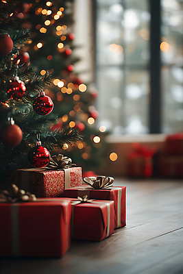 JPG 편집이미지 크리스마스 창문 사람없음 빨간색 선물상자 크리스마스트리 나무바닥 보케 오너먼트 편집실사 AI포토 AI콘텐츠 기념일 컬러 크리스마스장식 바닥 선물 상자 CG 파일형식