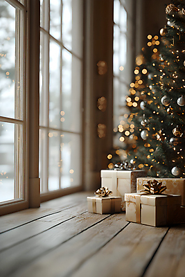 JPG 편집이미지 크리스마스 창문 사람없음 선물상자 크리스마스트리 갈색 나무바닥 보케 오너먼트 편집실사 AI포토 AI콘텐츠 기념일 컬러 크리스마스장식 바닥 선물 상자 CG 파일형식