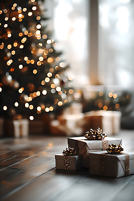 JPG 편집이미지 크리스마스 창문 사람없음 선물상자 크리스마스트리 주황색 나무바닥 보케 편집실사 AI포토 AI콘텐츠 기념일 컬러 바닥 선물 상자 CG 파일형식