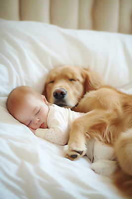 JPG 편집이미지 반려견 안기 따뜻함 한명 상반신 눈감음 침대 아기 잠 강아지 교감 의료성형뷰티 아기만 편집실사 AI인물포토 AI콘텐츠 1 가구 모션 사람 반려동물 개 CG 파일형식 AI포토