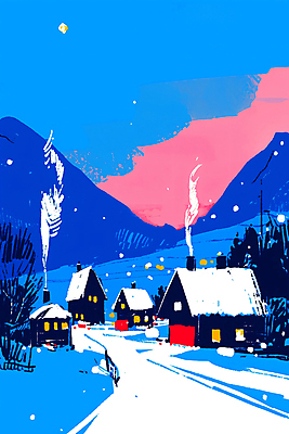 JPG 나무 겨울 일러스트 하늘 주택 사람없음 파란색 마을 고요 눈 연기 설산 국내일러스트 AI일러스트 AI콘텐츠 자연요소 식물 계절 컬러 날씨 산 건물 파일형식