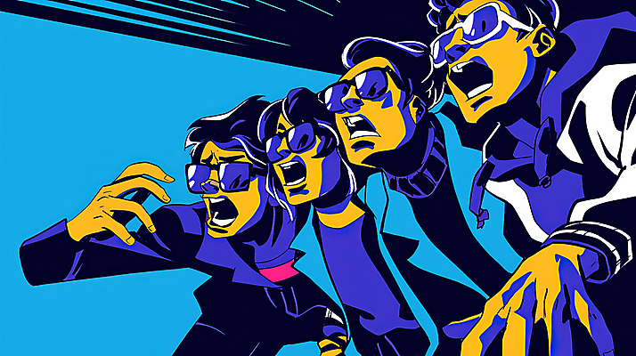 JPG 여자 남자 일러스트 입벌림 여러명 상반신 성인 컬러풀 선글라스 놀람 무서움 그림 팝아트 공포 충격 떨림 성인만 국내일러스트 AI일러스트 AI콘텐츠 감정 안경 컬러 다수 모션 표정 사람 파일형식