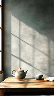 JPG 편집이미지 여유 창문 그림자 사람없음 빛 공책 도자기 차 찻잔 다기 찻주전자 디지털합성 힐링 나무탁자 편집실사 AI포토 AI콘텐츠 감정 음료 탁자 주전자 문구용품 잔 다도 CG 파일형식