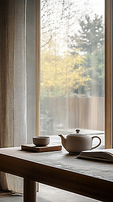 JPG 나무 편집이미지 여유 창문 탁자 풍경 사람없음 책 도자기 차 찻잔 다기 찻주전자 디지털합성 힐링 편집실사 AI포토 AI콘텐츠 식물 감정 음료 가구 주전자 잔 다도 CG 파일형식