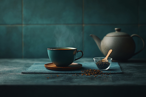 JPG 편집이미지 여유 사람없음 도자기 연기 차 찻잔 다기 찻주전자 디지털합성 힐링 찻잎 나무스푼 편집실사 AI포토 AI콘텐츠 감정 음료 주전자 잔 차_음료 다도 CG 나무숟가락 파일형식