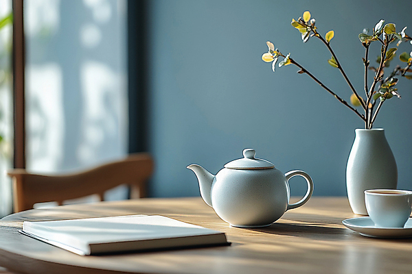 JPG 편집이미지 여유 창문 사람없음 빛 공책 도자기 차 찻잔 다기 찻주전자 디지털합성 힐링 나무의자 나무탁자 토기화병 편집실사 AI포토 AI콘텐츠 감정 음료 의자 탁자 주전자 문구용품 잔 목재 꽃병 다도 CG 파일형식
