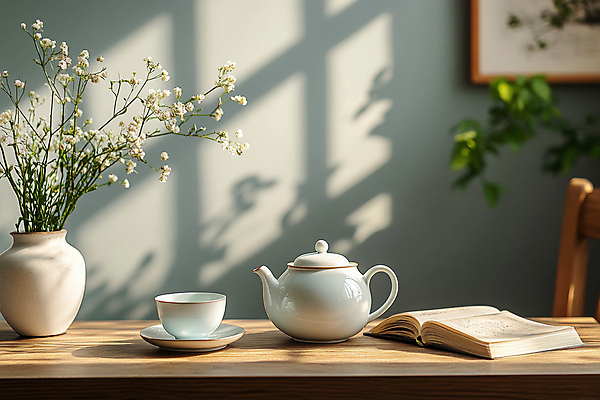 JPG 식물 편집이미지 여유 그림자 사람없음 책 빛 도자기 차 찻잔 다기 찻주전자 디지털합성 힐링 토기화병 편집실사 AI포토 AI콘텐츠 감정 음료 주전자 잔 꽃병 다도 CG 파일형식