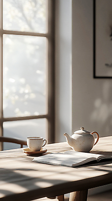 JPG 편집이미지 여유 창문 그림자 사람없음 책 빛 도자기 차 찻잔 다기 찻주전자 디지털합성 힐링 나무탁자 편집실사 AI포토 AI콘텐츠 감정 음료 탁자 주전자 잔 다도 CG 파일형식