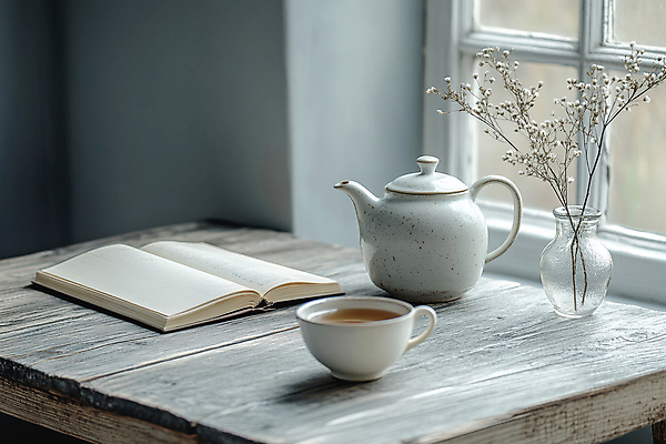 JPG 편집이미지 꽃 여유 창문 사람없음 책 빛 꽃병 나뭇가지 도자기 차 찻잔 다기 찻주전자 디지털합성 힐링 나무탁자 편집실사 AI포토 AI콘텐츠 나무 식물 감정 음료 탁자 주전자 잔 다도 CG 파일형식