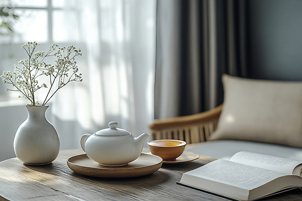 JPG 편집이미지 꽃 여유 의자 창문 사람없음 책 빛 나뭇가지 커튼 도자기 차 찻잔 다기 찻주전자 디지털합성 힐링 나무탁자 토기화병 편집실사 AI포토 AI콘텐츠 나무 식물 감정 음료 가구 탁자 주전자 잔 꽃병 다도 CG 파일형식