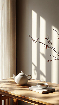 JPG 편집이미지 여유 그림자 사람없음 빛 나뭇가지 커튼 도자기 차 찻잔 다기 찻주전자 디지털합성 힐링 나무탁자 편집실사 AI포토 AI콘텐츠 나무 감정 음료 탁자 주전자 잔 다도 CG 파일형식