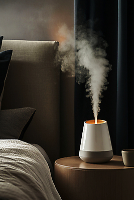 JPG 편집이미지 계절 겨울 건조 실내 사람없음 이불 가전제품 침대 수증기 가습기 습도 탁상 편집실사 AI포토 AI콘텐츠 가구 침구 내부 CG 파일형식