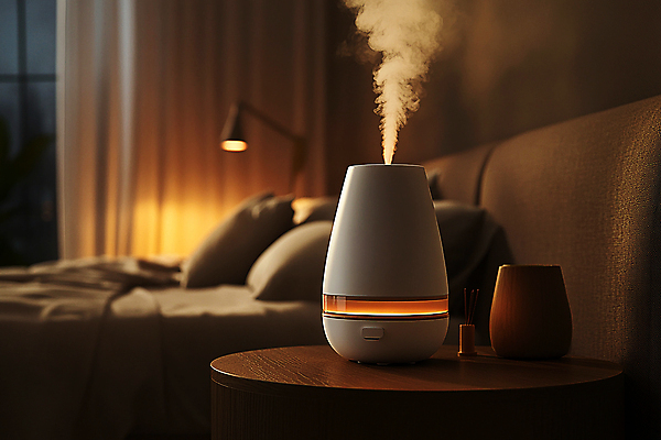 JPG 편집이미지 계절 겨울 베개 조명 건조 실내 사람없음 이불 가전제품 침대 커튼 수증기 가습기 습도 탁상 편집실사 AI포토 AI콘텐츠 가구 침구 내부 CG 파일형식