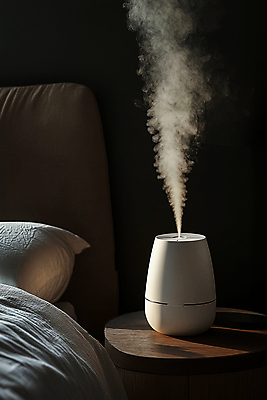 JPG 편집이미지 계절 겨울 베개 건조 실내 사람없음 이불 가전제품 침대 수증기 가습기 습도 탁상 편집실사 AI포토 AI콘텐츠 가구 침구 내부 CG 파일형식