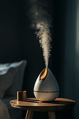 JPG 편집이미지 계절 겨울 베개 건조 실내 사람없음 가전제품 침대 수증기 가습기 습도 탁상 편집실사 AI포토 AI콘텐츠 가구 침구 내부 CG 파일형식