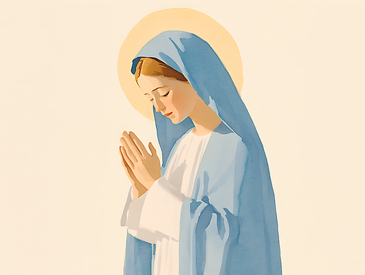 JPG 여자 종교 일러스트 수채화 고개숙이기 한명 성인 빛 태양 눈감음 기도 손모으기 마리아 베일 베이지색 성인여자한명만 국내일러스트 AI일러스트 AI콘텐츠 자연요소 1 컬러 모션 숙이기 사람 손짓 여자한명만 성인여자만 파일형식