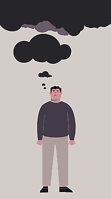 전신 남자 일러스트 한명 서기 성인 먹구름 고개들기 우울감 우울증 성인남자한명만 국내일러스트 AI파일 1 감정 모션 사람 질병 남자한명만 성인남자만 파일형식 벡터 구름_자연