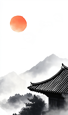 JPG 나무 한국전통 겨울 일러스트 붓터치 새해 산 기와집 수묵화 풍경 사람없음 태양 일출 검은색 안개 동양화 연하장 국내일러스트 AI일러스트 AI콘텐츠 자연요소 식물 전통 계절 컬러 날씨 카드_감사 한옥 한국 미술 노을 파일형식