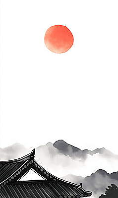 JPG 나무 한국전통 겨울 일러스트 붓터치 새해 산 기와집 수묵화 풍경 사람없음 태양 일출 검은색 안개 동양화 연하장 국내일러스트 AI일러스트 AI콘텐츠 자연요소 식물 전통 계절 컬러 날씨 카드_감사 한옥 한국 미술 노을 파일형식