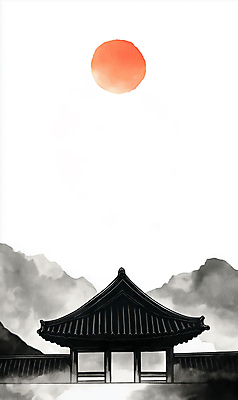 JPG 한국전통 겨울 일러스트 붓터치 새해 산 기와집 수묵화 풍경 사람없음 태양 일출 검은색 안개 동양화 연하장 국내일러스트 AI일러스트 AI콘텐츠 자연요소 전통 계절 컬러 날씨 카드_감사 한옥 한국 미술 노을 파일형식