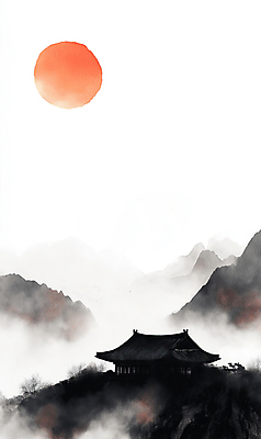 JPG 나무 한국전통 겨울 일러스트 붓터치 새해 산 기와집 수묵화 풍경 사람없음 태양 일출 검은색 안개 동양화 연하장 국내일러스트 AI일러스트 AI콘텐츠 자연요소 식물 전통 계절 컬러 날씨 카드_감사 한옥 한국 미술 노을 파일형식