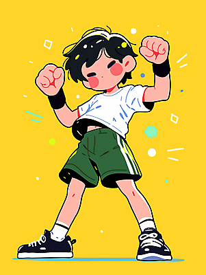 남자 어린이 인물캐릭터 포즈 일러스트 밝음 한명 소년 반짝임 운동 노란색 눈감음 파이팅 힘 활발 자신감 활기 소년한명만 일러캐릭터 AI파일 캐릭터 1 감정 컬러 컨셉 모션 건강 사람 남자한명만 소년만 파일형식 벡터