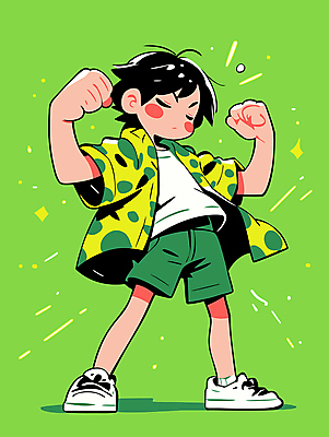 남자 어린이 인물캐릭터 포즈 일러스트 밝음 한명 소년 초록색 반짝임 운동 손들기 눈감음 힘 주먹 활발 자신감 활기 소년한명만 일러캐릭터 AI파일 캐릭터 1 감정 컬러 컨셉 모션 건강 사람 남자한명만 소년만 파일형식 벡터