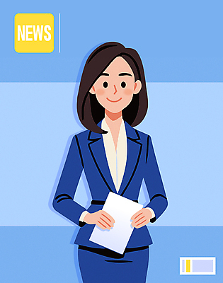 여자 종이 일러스트 비즈니스 한명 서기 미소 들기 성인 파란색 뉴스 아나운서 방송 방송국 이슈 성인여자한명만 국내일러스트 AI파일 직업 1 컬러 모션 표정 사람 여자한명만 성인여자만 파일형식 벡터