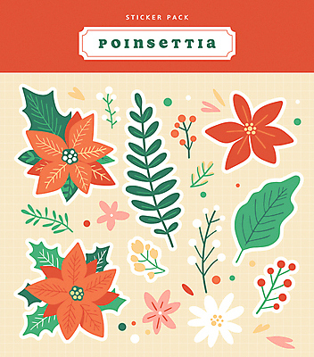 열매 꽃 스티커 잎 크리스마스 일러스트 사람없음 빨간색 라벨 포인세티아 국내일러스트 AI파일 식물 기념일 컬러 프레임 파일형식 벡터