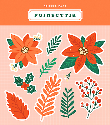 열매 꽃 스티커 잎 크리스마스 일러스트 나뭇잎 사람없음 빨간색 라벨 포인세티아 호랑가시나무열매 국내일러스트 AI파일 식물 기념일 컬러 프레임 파일형식 벡터