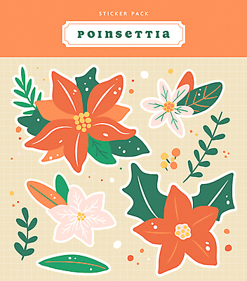 열매 꽃 스티커 잎 크리스마스 일러스트 사람없음 빨간색 라벨 포인세티아 국내일러스트 AI파일 식물 기념일 컬러 프레임 파일형식 벡터