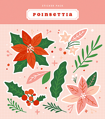 열매 꽃 분홍색 스티커 잎 크리스마스 일러스트 사람없음 라벨 포인세티아 호랑가시나무열매 국내일러스트 AI파일 식물 기념일 컬러 프레임 파일형식 벡터
