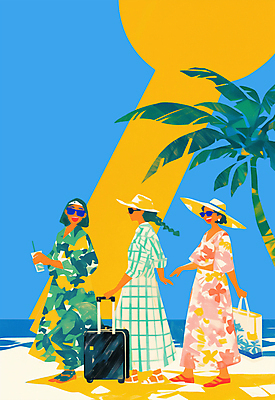 전신 PSD 모자 여자 음료 여행 일러스트 웃음 들기 성인 세명 여름 친구 쇼핑 선글라스 야자수 태양 걷기 여행가방 귀걸이 성인여자만 트로피컬아트 국내일러스트 자연요소 나무 잡화 계절 안경 가방 장신구 관계 모션 표정 사람 그림 여자만 성인만 파일형식