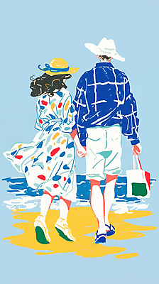 전신 PSD 모자 커플 여자 남자 행복 바다 여행 일러스트 들기 성인 두명 뒷모습 여름 파란색 걷기 여행가방 손잡기 성인만 트로피컬아트 국내일러스트 잡화 계절 감정 뷰포인트 컬러 가방 관계 모션 사람 그림 파일형식