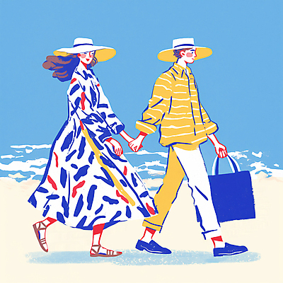 전신 PSD 모자 커플 여자 남자 행복 바다 여행 일러스트 들기 성인 두명 여름 파란색 쇼핑 걷기 여행가방 손잡기 성인만 트로피컬아트 국내일러스트 잡화 계절 감정 컬러 가방 관계 모션 사람 그림 파일형식